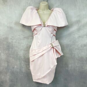 Perfect 80’s dress! Elegant Pale Pink Draped Cocktail Dress with Bow Accents